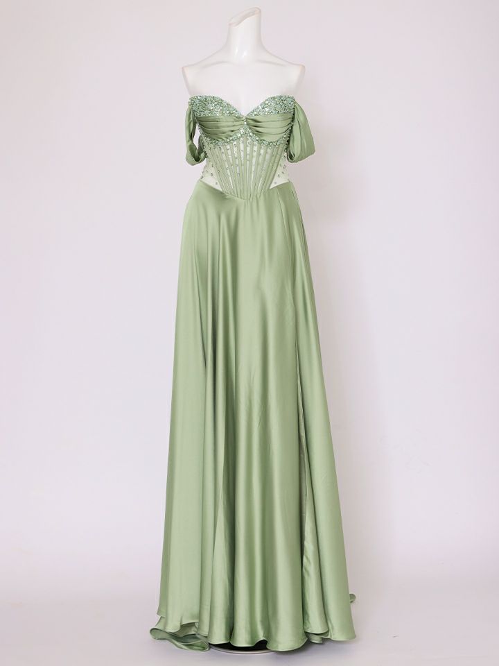 vanityME.couture. バニティミークチュール 一条響ちゃん 着用 オフショル サテン ビジュー コルセット スリット入り  ロングドレス バースデードレス セージ vctr-l-cd297