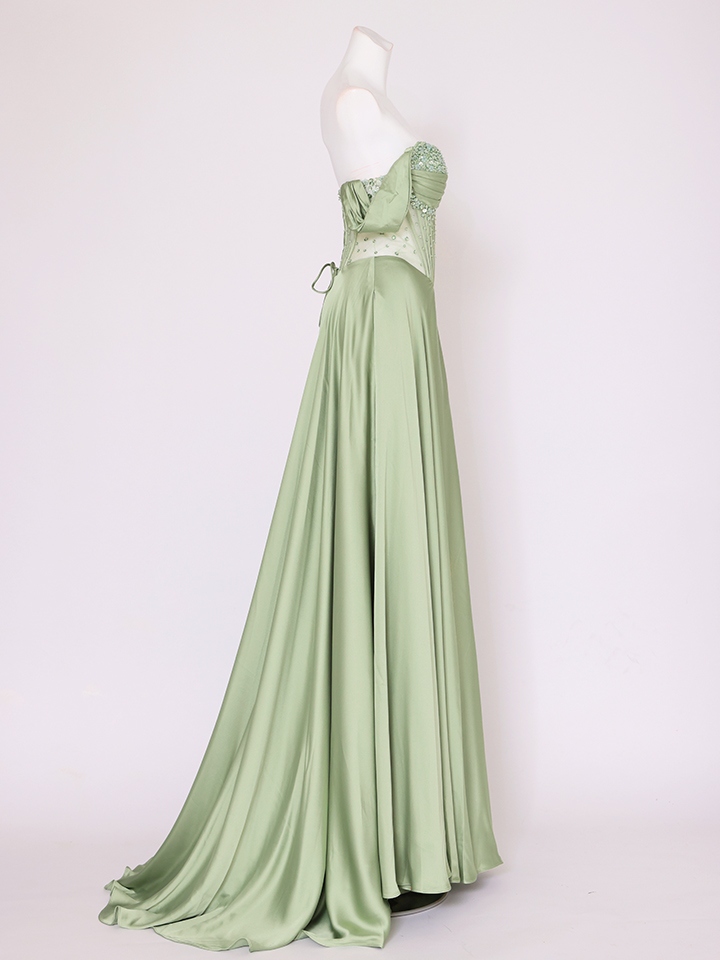 vanityME.couture. バニティミークチュール 一条響ちゃん 着用 オフショル サテン ビジュー コルセット スリット入り  ロングドレス バースデードレス セージ vctr-l-cd297