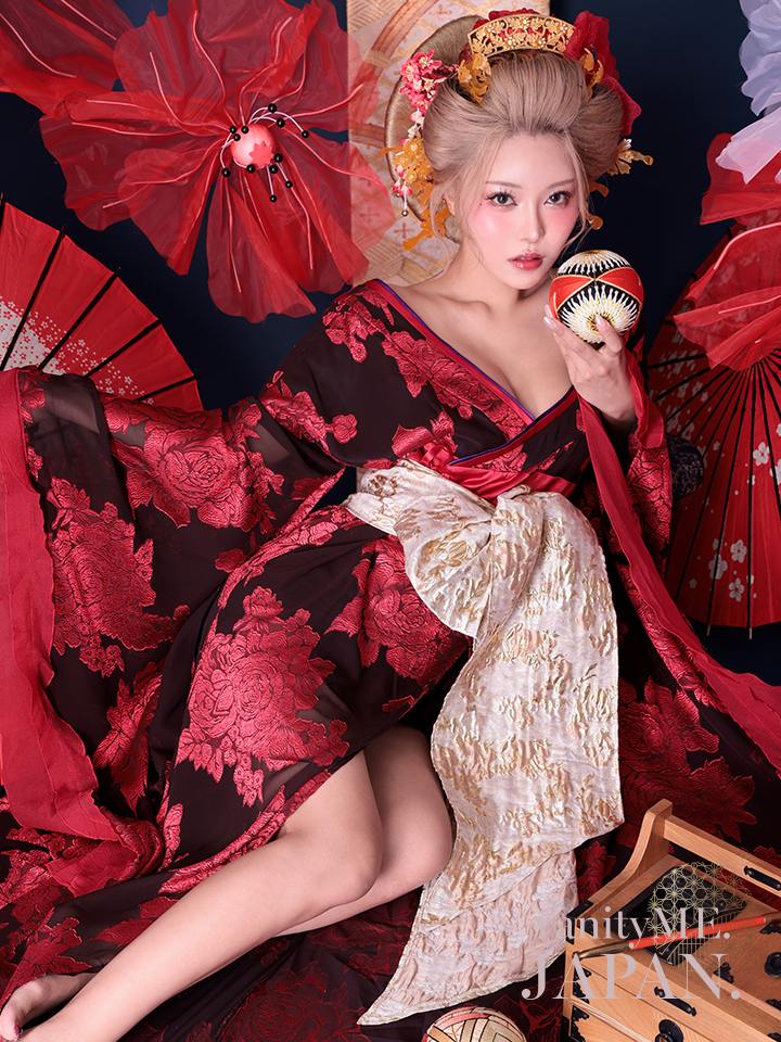 【2点セット】花魁 大奥 コスプレ 牡丹 黒×赤 和柄 本格和装 着物 花魁ドレス｜ vcsot-250756-2