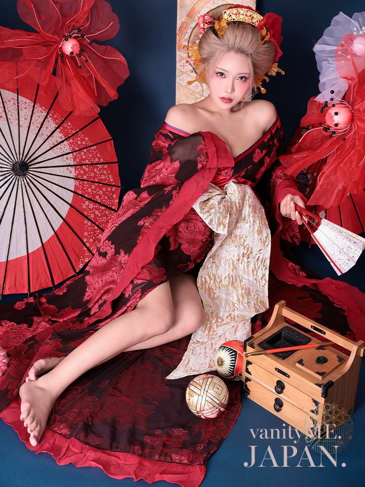 【2点セット】花魁 大奥 コスプレ 牡丹 黒×赤 和柄 本格和装 着物 花魁ドレス｜ vcsot-250756-2