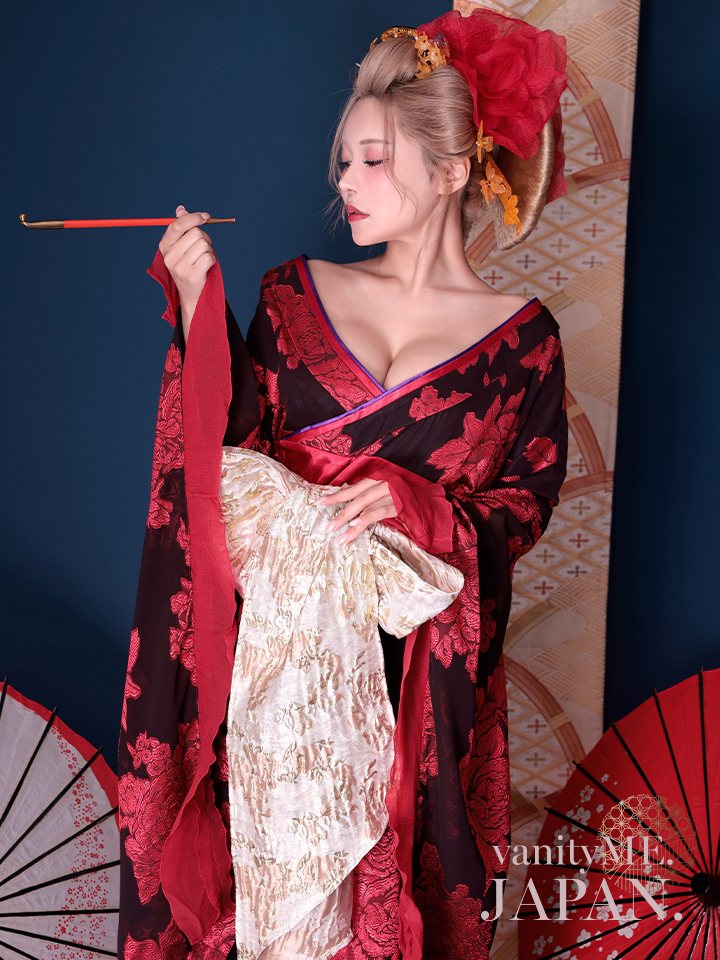 【2点セット】花魁 大奥 コスプレ 牡丹 黒×赤 和柄 本格和装 着物 花魁ドレス｜ vcsot-250756-2