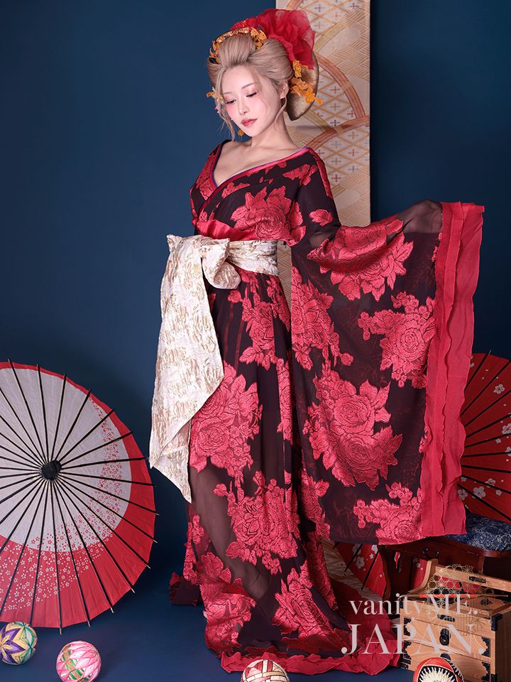 【2点セット】花魁 大奥 コスプレ 牡丹 黒×赤 和柄 本格和装 着物 花魁ドレス｜ vcsot-250756-2