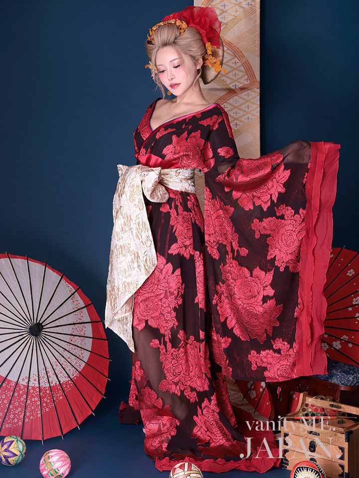 【2点セット】花魁 大奥 コスプレ 牡丹 黒×赤 和柄 本格和装 着物 花魁ドレス｜ vcsot-250756-2