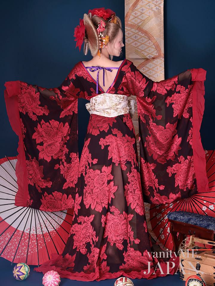 【2点セット】花魁 大奥 コスプレ 牡丹 黒×赤 和柄 本格和装 着物 花魁ドレス｜ vcsot-250756-2