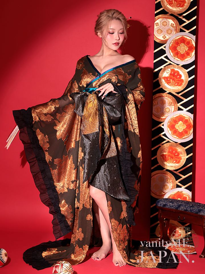【2点セット】花魁 大奥 コスプレ 金箔牡丹 黒×金 和柄 本格和装 着物 花魁ドレス｜vcsot-250756-1