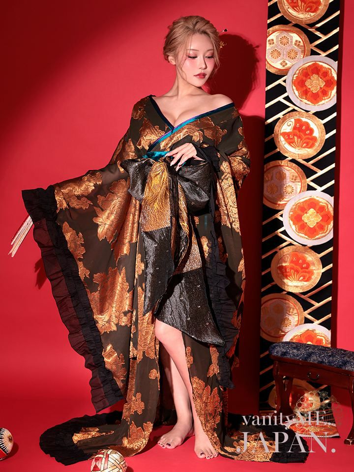 【2点セット】花魁 大奥 コスプレ 金箔牡丹 黒×金 和柄 本格和装 着物 花魁ドレス｜vcsot-250756-1