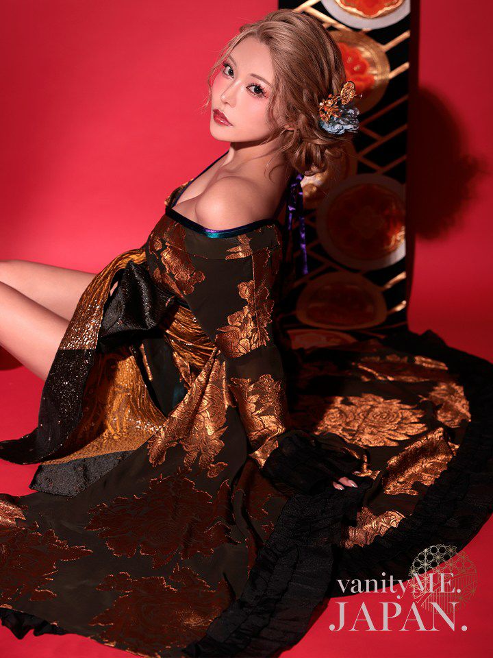 【2点セット】花魁 大奥 コスプレ 金箔牡丹 黒×金 和柄 本格和装 着物 花魁ドレス｜vcsot-250756-1