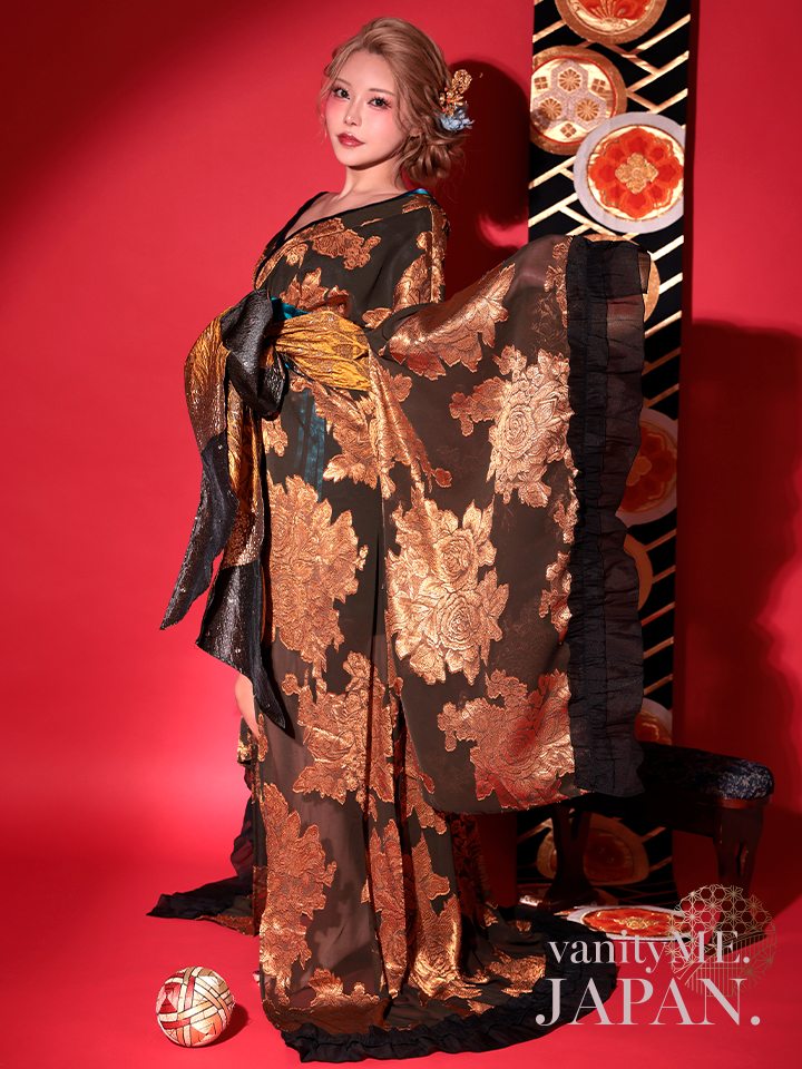 【2点セット】花魁 大奥 コスプレ 金箔牡丹 黒×金 和柄 本格和装 着物 花魁ドレス｜vcsot-250756-1