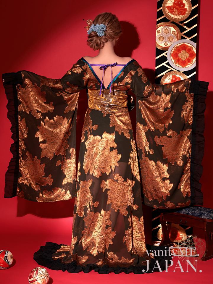 【2点セット】花魁 大奥 コスプレ 金箔牡丹 黒×金 和柄 本格和装 着物 花魁ドレス｜vcsot-250756-1