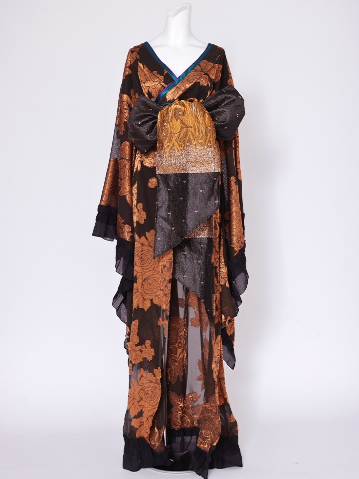 【2点セット】花魁 大奥 コスプレ 金箔牡丹 黒×金 和柄 本格和装 着物 花魁ドレス｜vcsot-250756-1