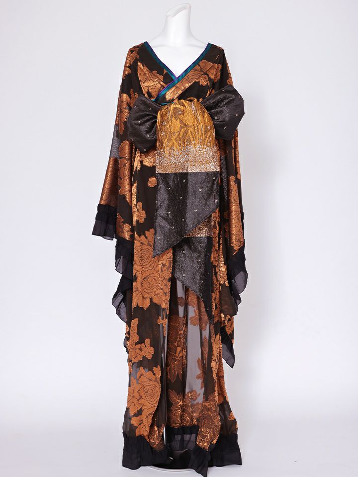 【2点セット】花魁 大奥 コスプレ 金箔牡丹 黒×金 和柄 本格和装 着物 花魁ドレス｜vcsot-250756-1