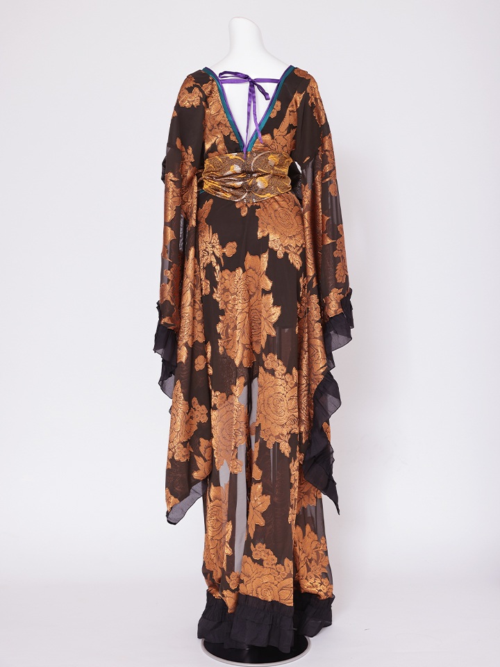 【2点セット】花魁 大奥 コスプレ 金箔牡丹 黒×金 和柄 本格和装 着物 花魁ドレス｜vcsot-250756-1