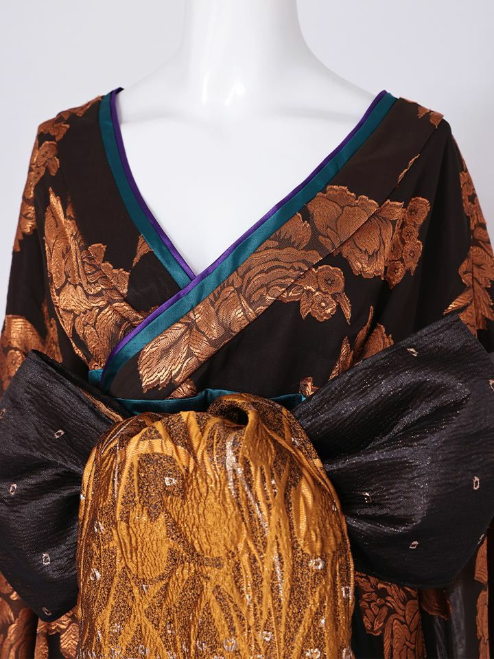 【2点セット】花魁 大奥 コスプレ 金箔牡丹 黒×金 和柄 本格和装 着物 花魁ドレス｜vcsot-250756-1