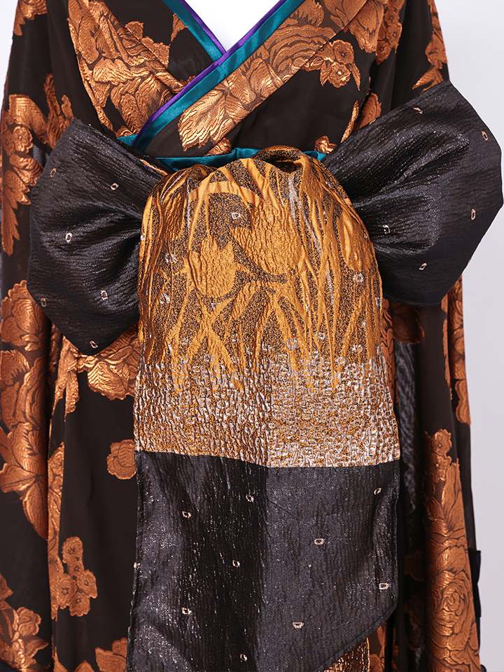 【2点セット】花魁 大奥 コスプレ 金箔牡丹 黒×金 和柄 本格和装 着物 花魁ドレス｜vcsot-250756-1