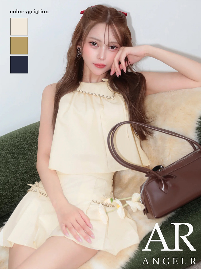 AngelR エンジェルアール ワンカラーアメスリチェーンリボンプリーツセットアップフレアミニドレス ar25864