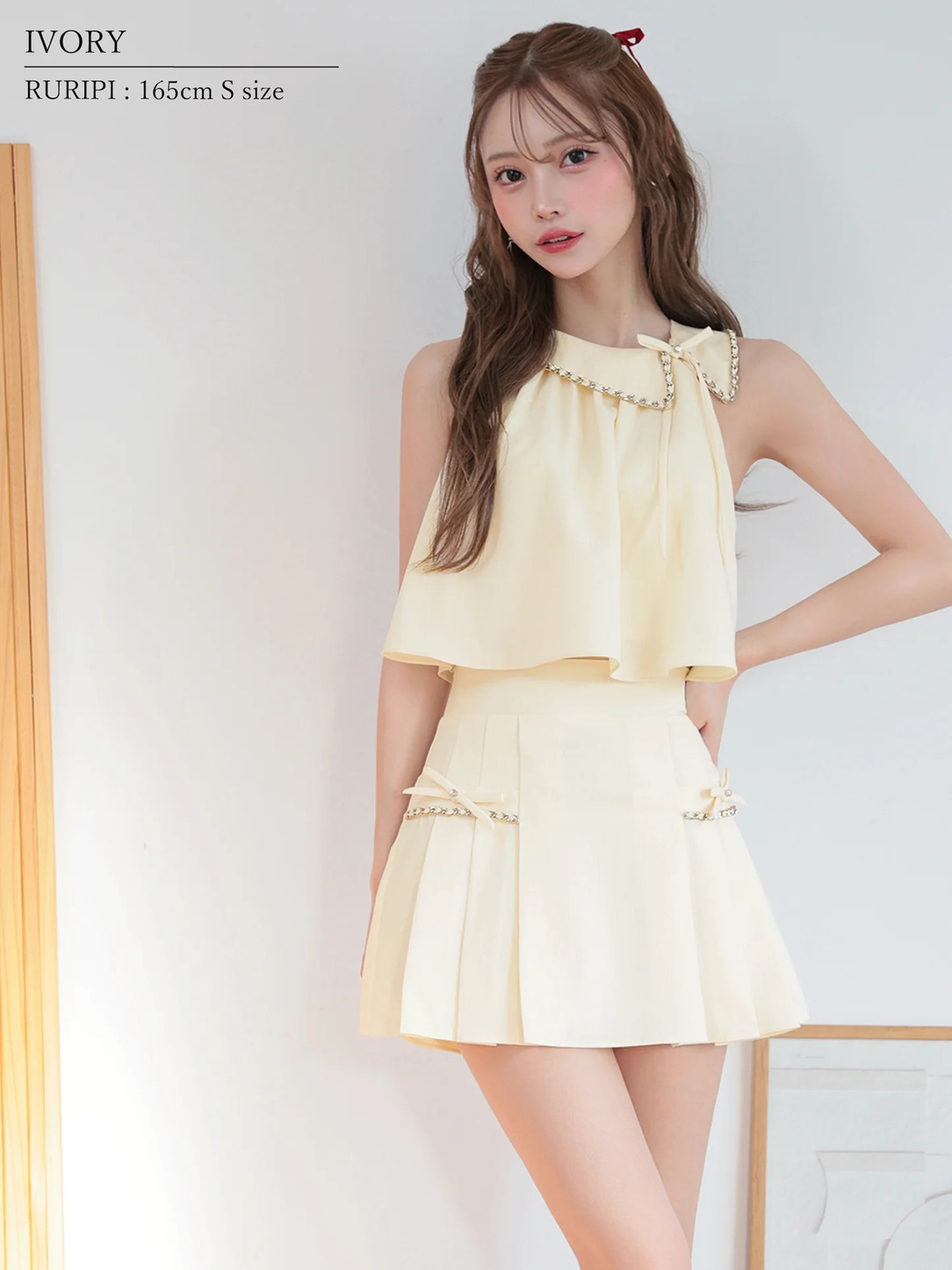 AngelR エンジェルアール ワンカラーアメスリチェーンリボンプリーツセットアップフレアミニドレス ar25864