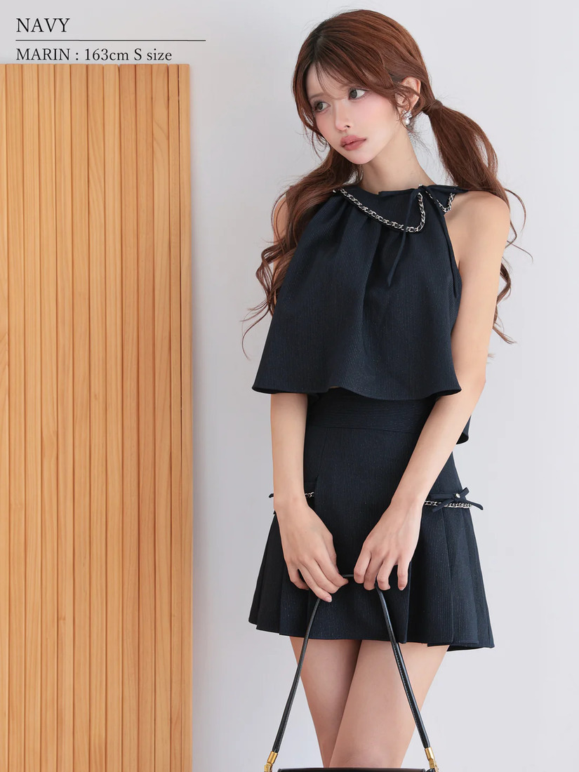 AngelR エンジェルアール ワンカラーアメスリチェーンリボンプリーツセットアップフレアミニドレス ar25864