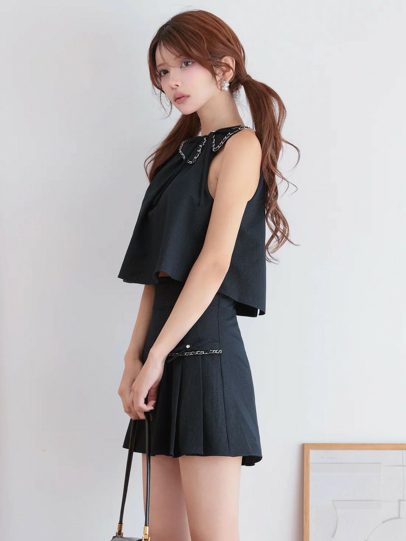 AngelR エンジェルアール ワンカラーアメスリチェーンリボンプリーツセットアップフレアミニドレス ar25864