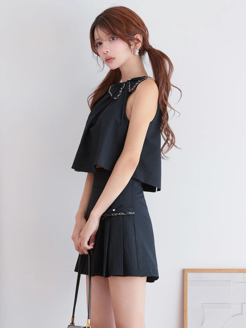 AngelR エンジェルアール ワンカラーアメスリチェーンリボンプリーツセットアップフレアミニドレス ar25864