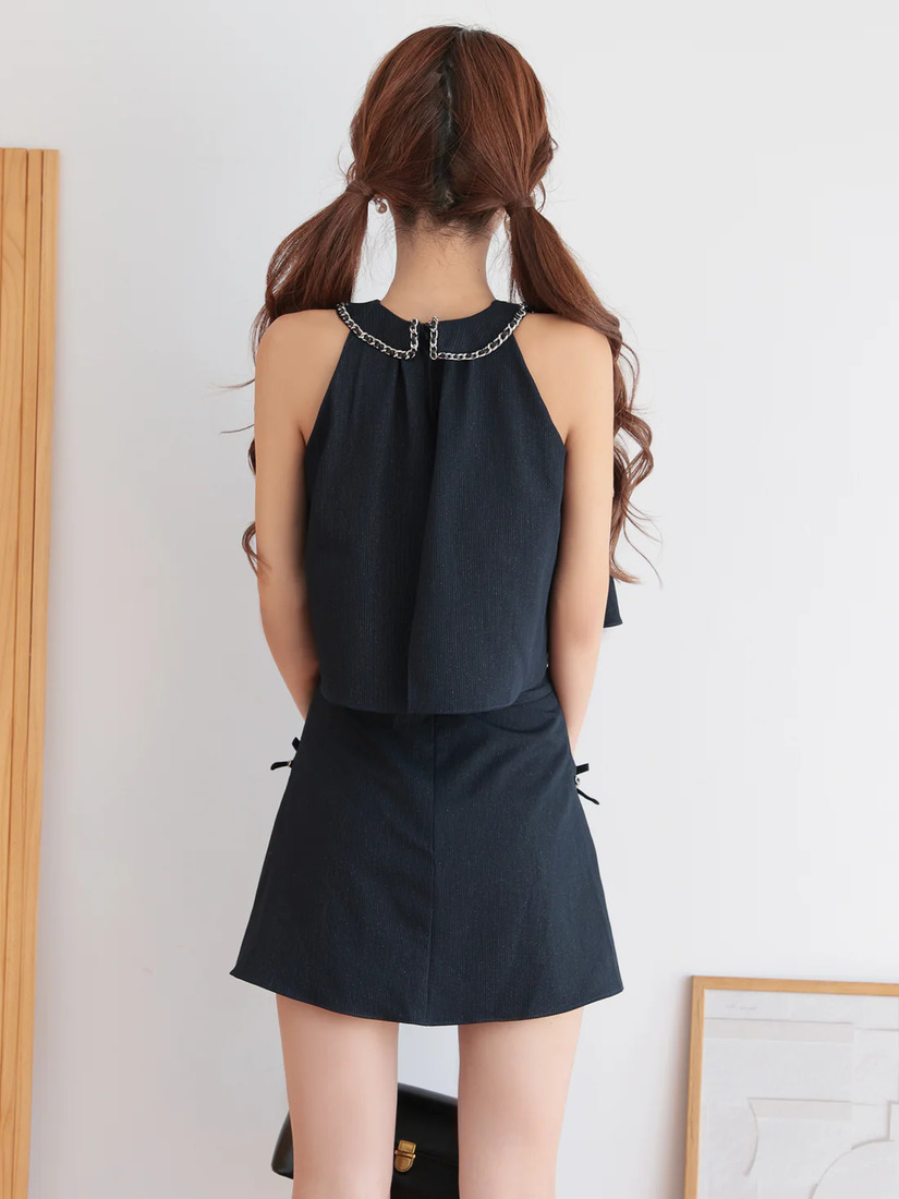 AngelR エンジェルアール ワンカラーアメスリチェーンリボンプリーツセットアップフレアミニドレス ar25864