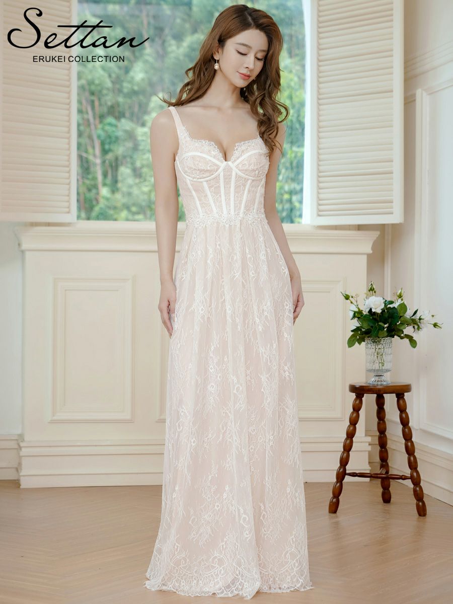 ERUKEI エルケイ ホワイト・総レース・コルセット・ビーズ・スパンコール刺繡・エレガント・ノースリーブ・Aライン・ロングドレス ek-s37088