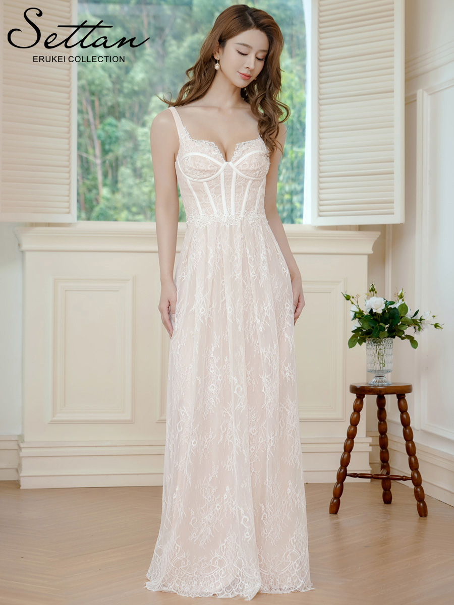 ERUKEI エルケイ ホワイト・総レース・コルセット・ビーズ・スパンコール刺繡・エレガント・ノースリーブ・Aライン・ロングドレス ek-s37088