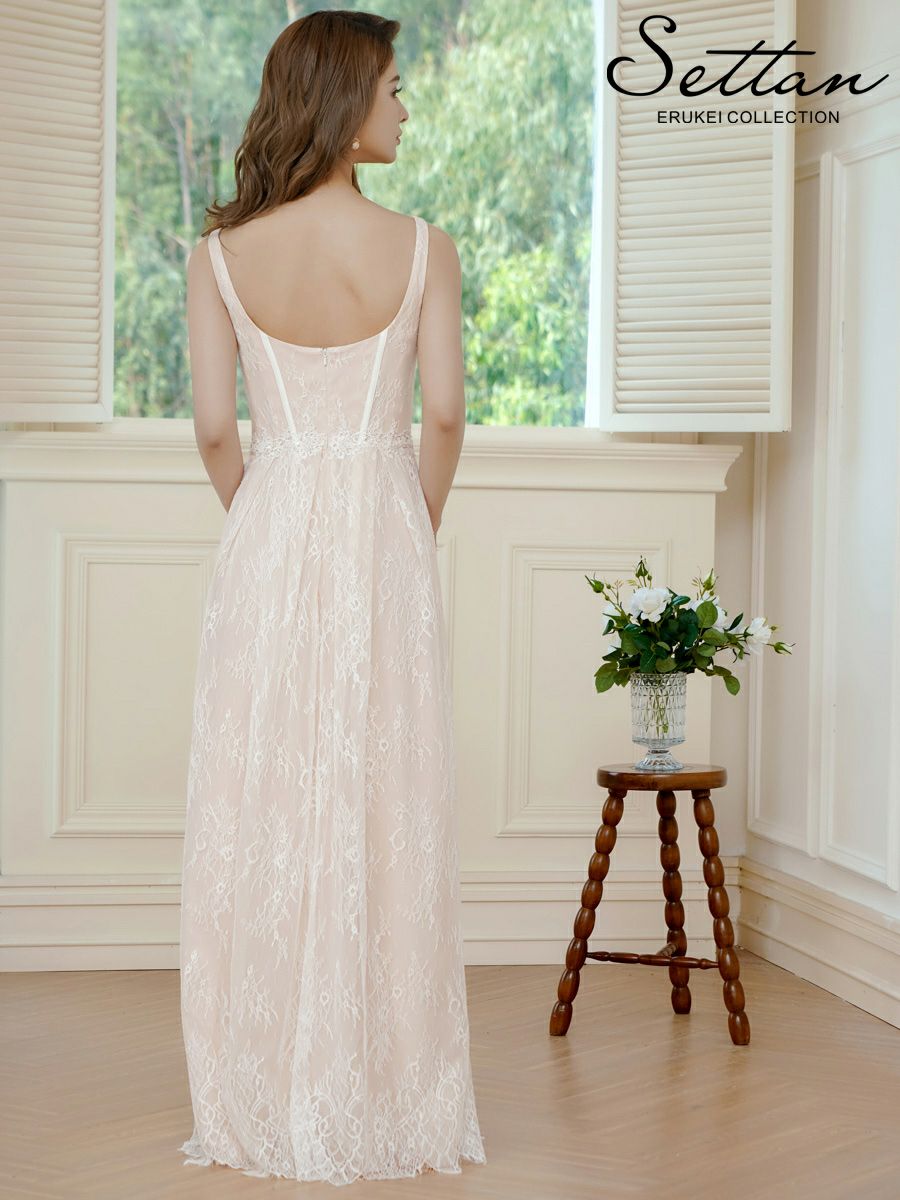ERUKEI エルケイ ホワイト・総レース・コルセット・ビーズ・スパンコール刺繡・エレガント・ノースリーブ・Aライン・ロングドレス ek-s37088