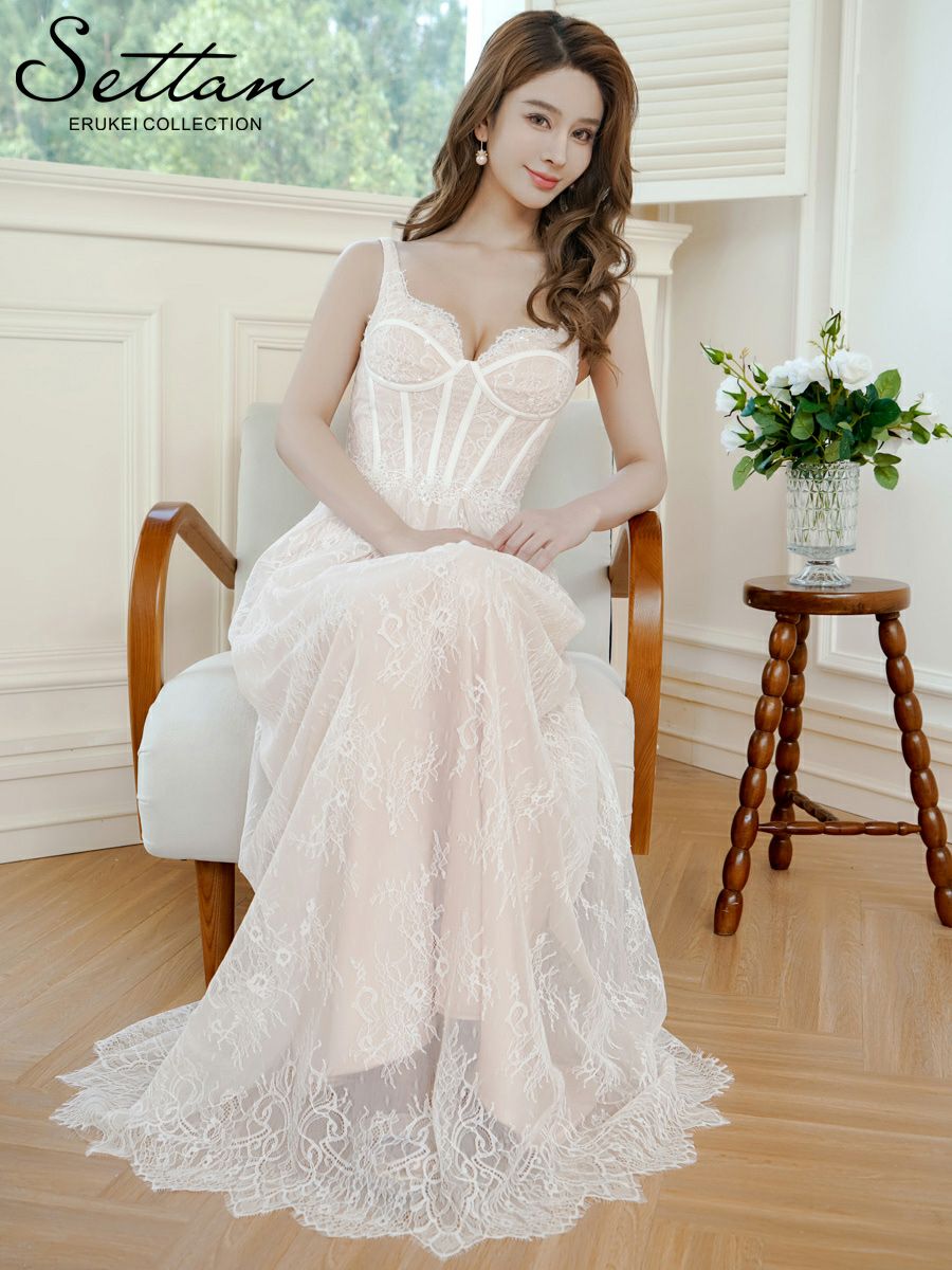 ERUKEI エルケイ ホワイト・総レース・コルセット・ビーズ・スパンコール刺繡・エレガント・ノースリーブ・Aライン・ロングドレス ek-s37088