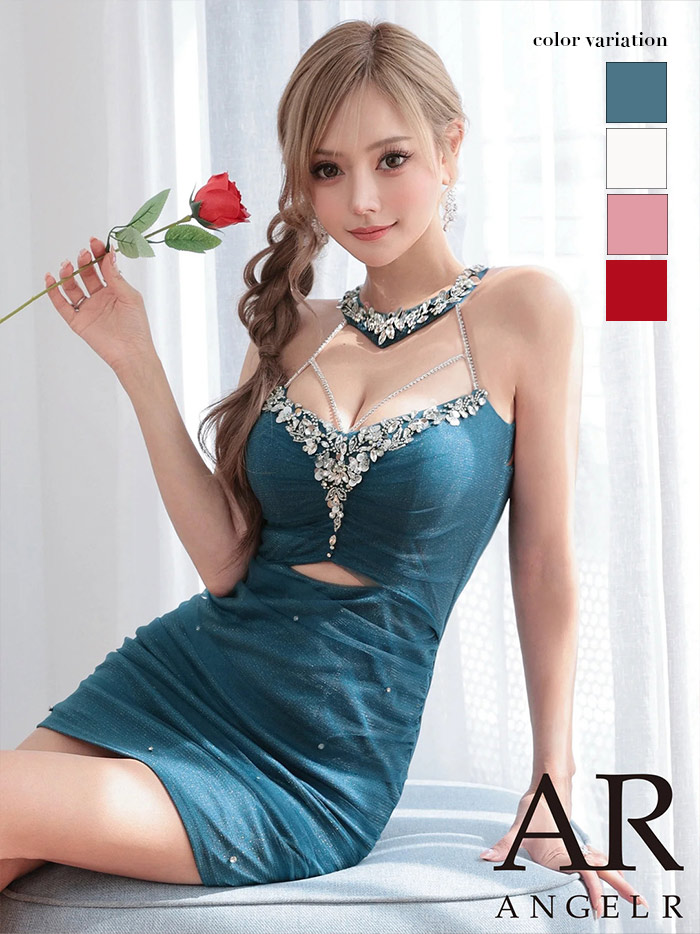 AngelR エンジェルアール ホルターネックビジューウエストカットラメメッシュタイトミニドレス ar25870