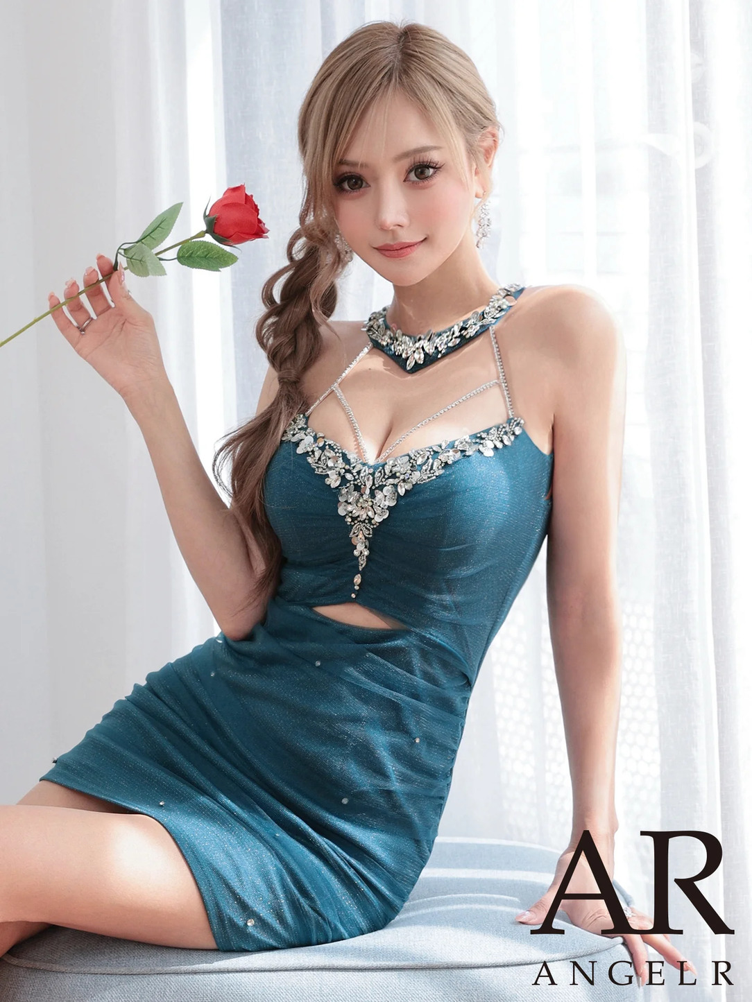 AngelR エンジェルアール ホルターネックビジューウエストカットラメメッシュタイトミニドレス ar25870