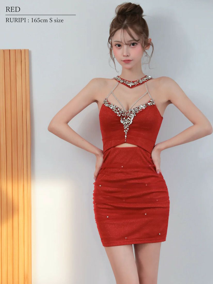 AngelR エンジェルアール ホルターネックビジューウエストカットラメメッシュタイトミニドレス ar25870