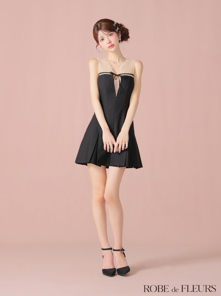 ROBE de FLEURS ローブドフルール センターリボンシアーチュールフレアミニキャバドレス fm3798