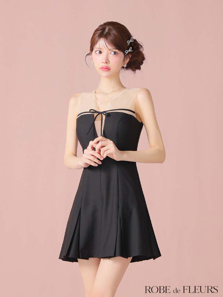 ROBE de FLEURS ローブドフルール センターリボンシアーチュールフレアミニキャバドレス fm3798