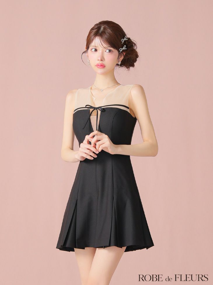 ROBE de FLEURS ローブドフルール センターリボンシアーチュールフレアミニキャバドレス fm3798