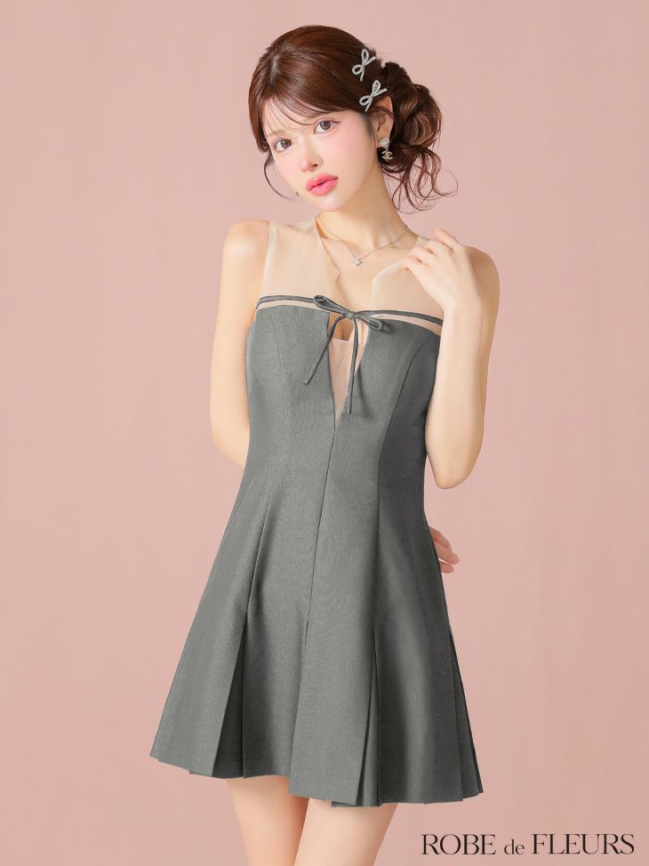 ROBE de FLEURS ローブドフルール センターリボンシアーチュールフレアミニキャバドレス fm3798