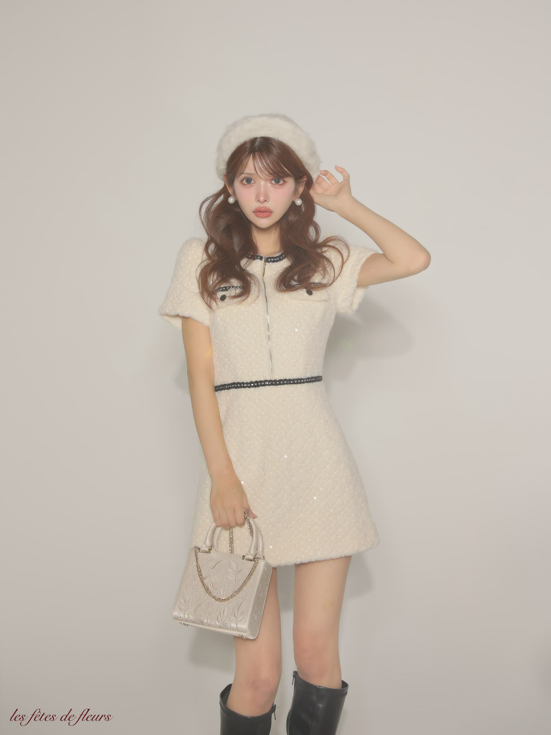 【XSサイズあり】Les fetes de fleurs レフェットデフルール scintiller fur mini dress LF4637-c