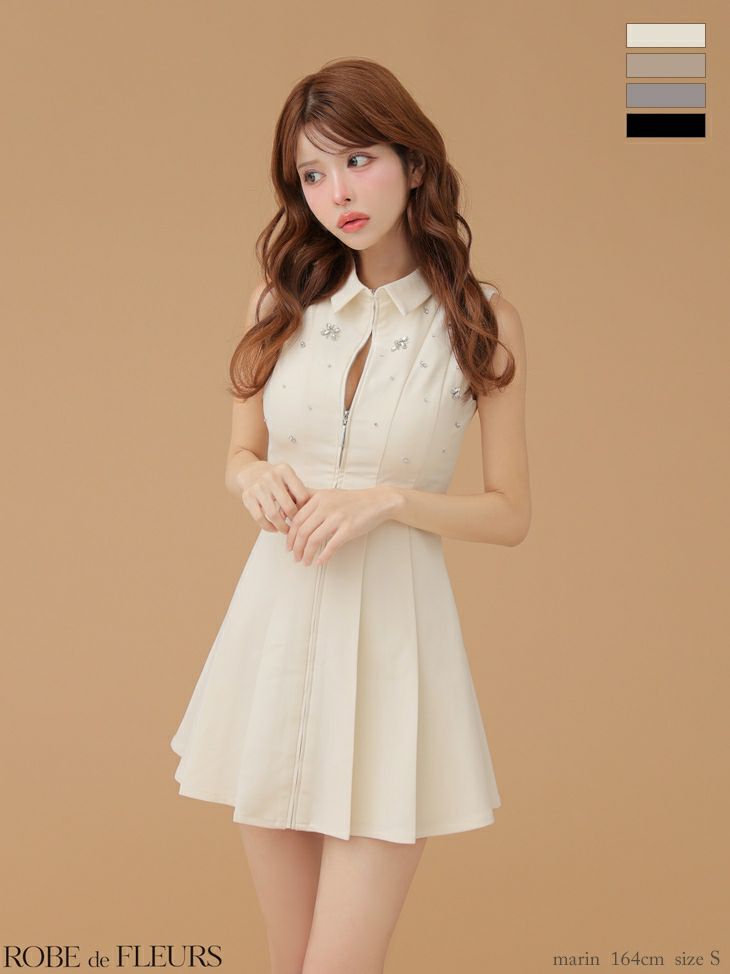 ROBE de FLEURS ローブドフルール 【XS～Lサイズあり】襟付きノースリーブフレアミニキャバドレス fm4156-c