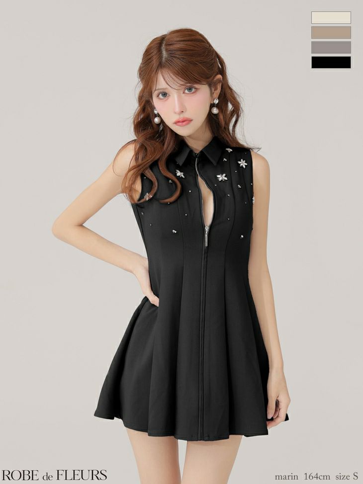 ROBE de FLEURS ローブドフルール 【XS～Lサイズあり】襟付きノースリーブフレアミニキャバドレス fm4156-c