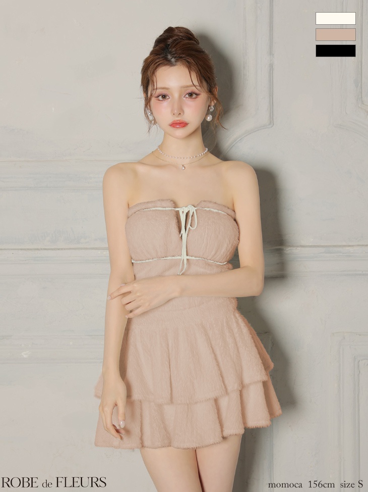 ROBE de FLEURS ローブドフルール 【XSサイズあり】 リボンフリルスカートフレアベアミニキャバドレス fm4600-c