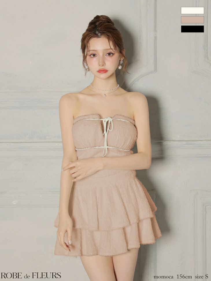 ROBE de FLEURS ローブドフルール 【XSサイズあり】 リボンフリルスカートフレアベアミニキャバドレス fm4600-c