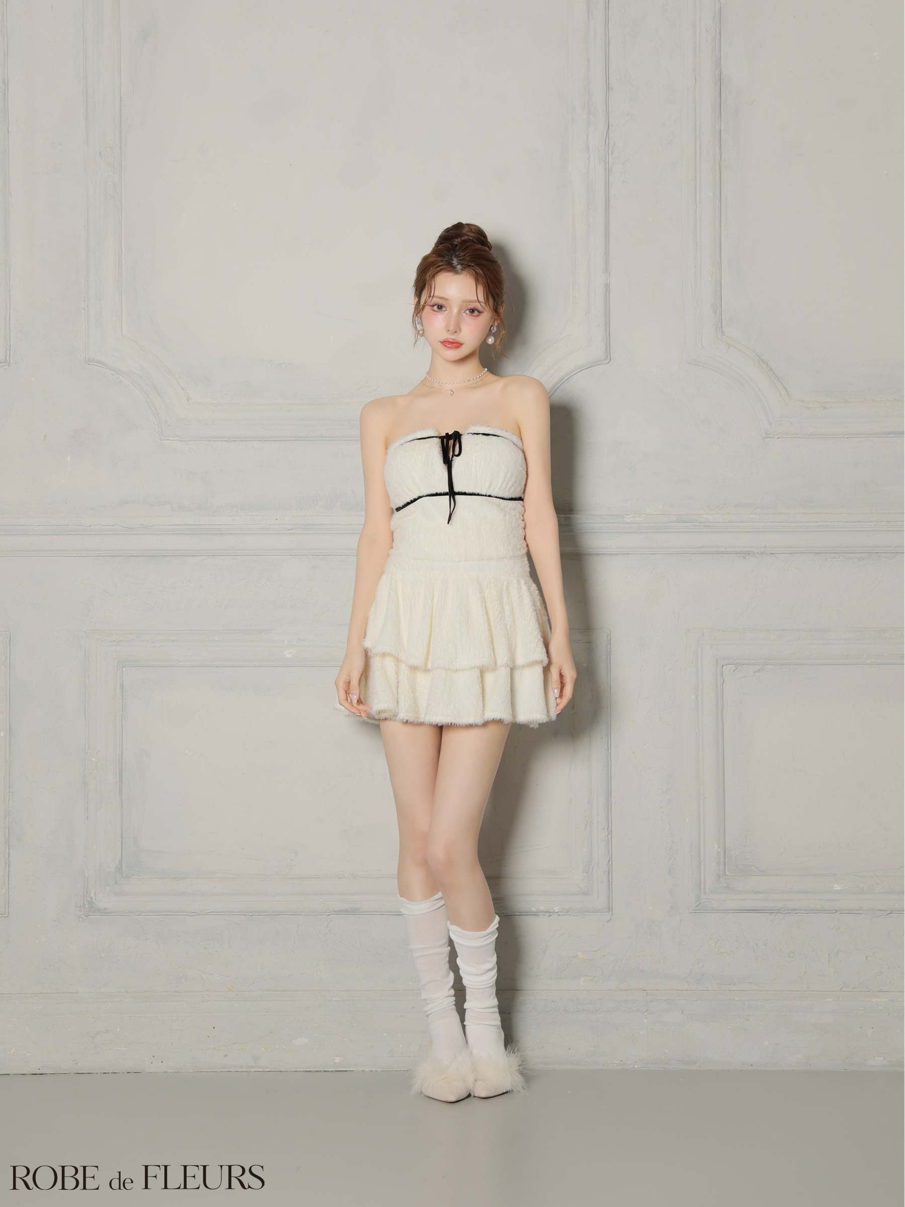 ROBE de FLEURS ローブドフルール 【XSサイズあり】 リボンフリルスカートフレアベアミニキャバドレス fm4600-c