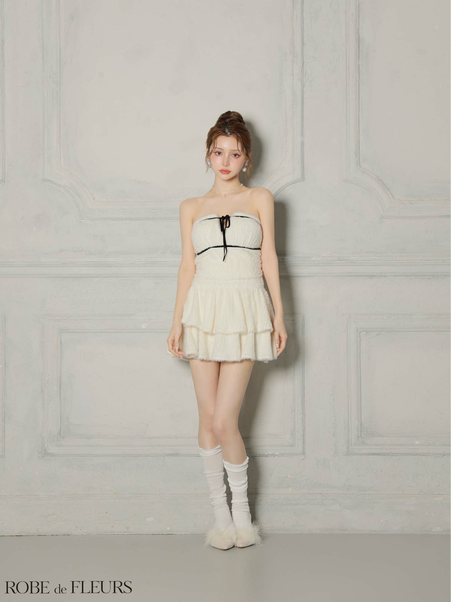 ROBE de FLEURS ローブドフルール 【XSサイズあり】 リボンフリルスカートフレアベアミニキャバドレス fm4600-c