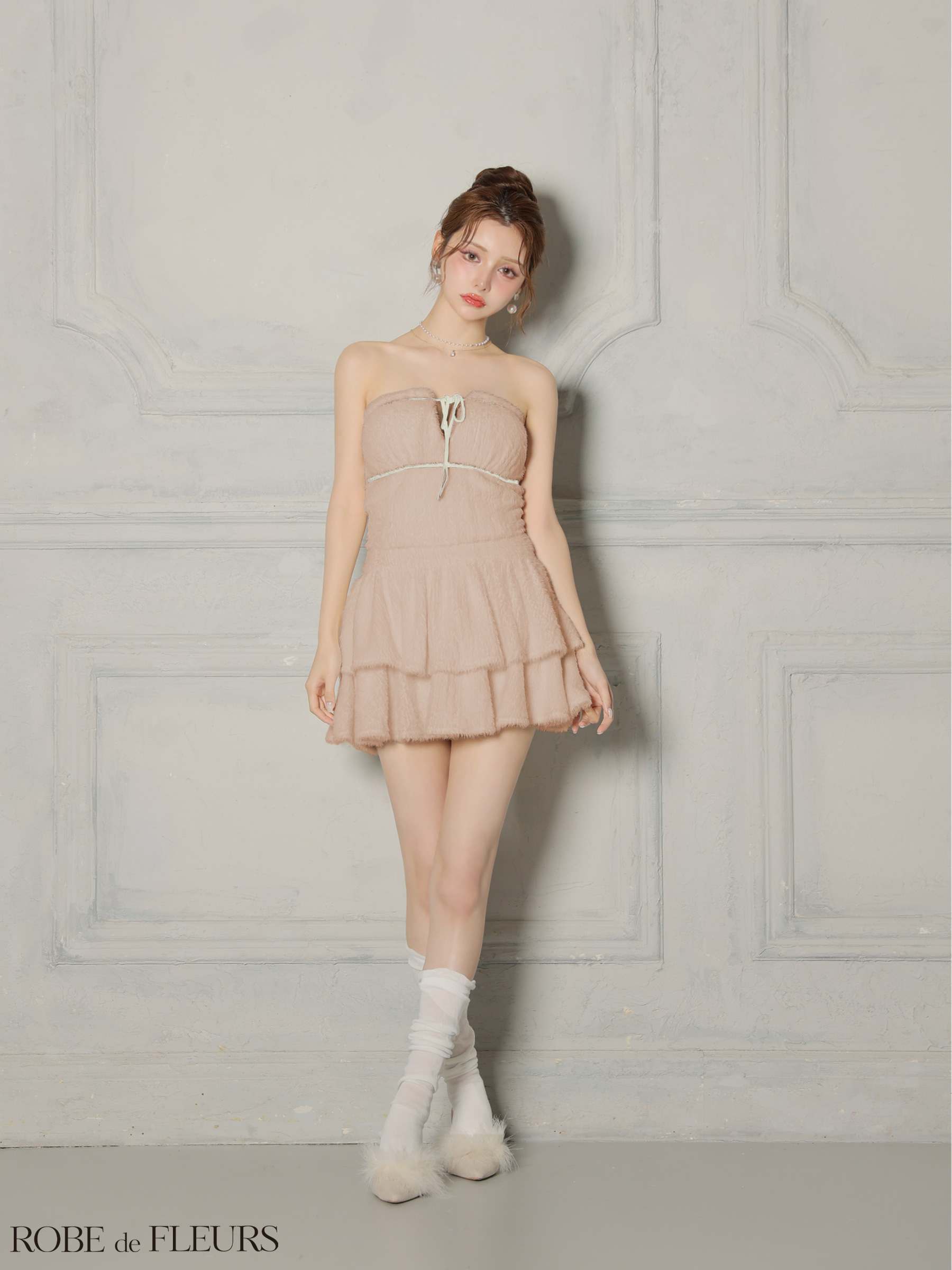 ROBE de FLEURS ローブドフルール 【XSサイズあり】 リボンフリルスカートフレアベアミニキャバドレス fm4600-c