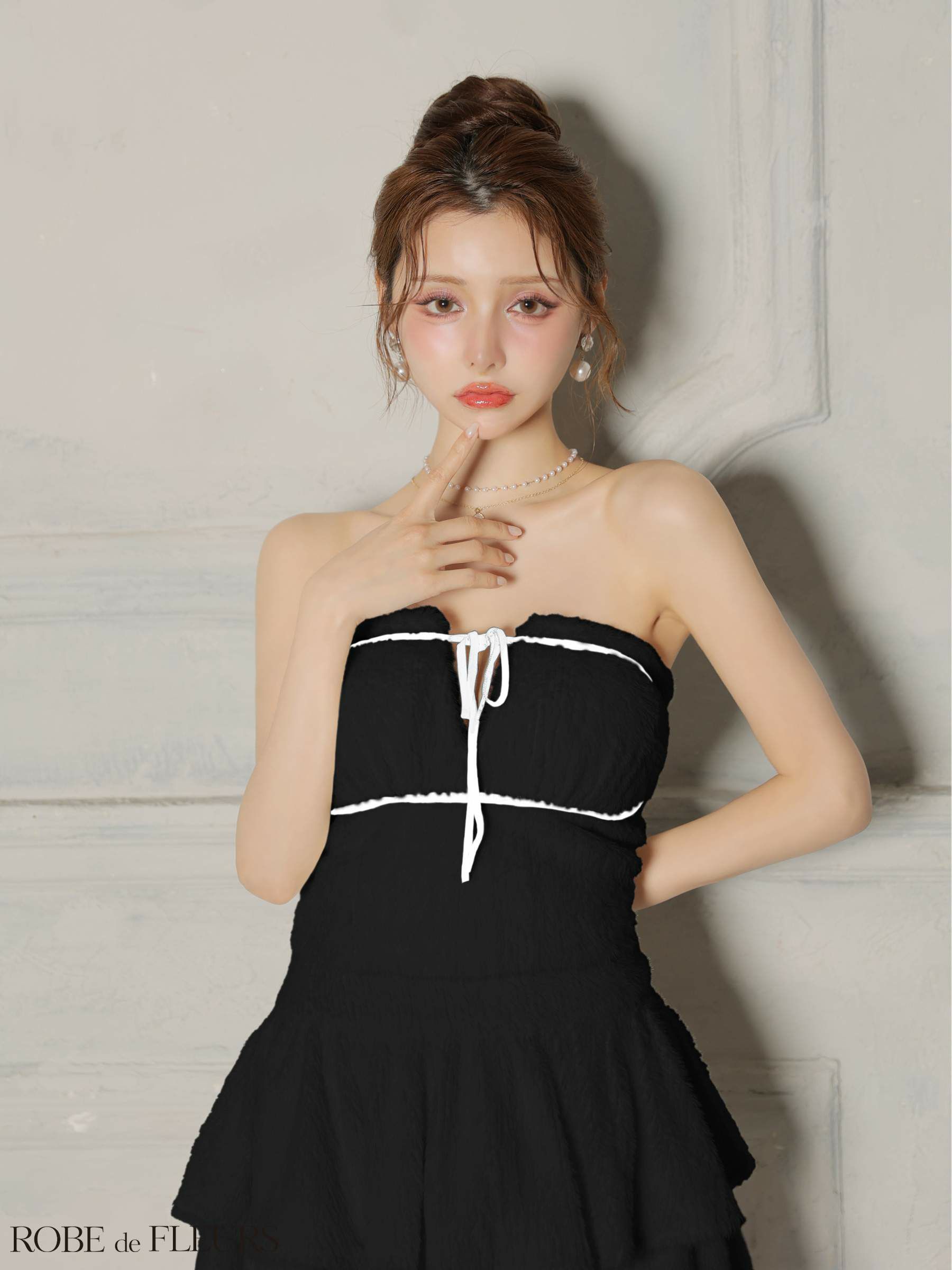 ROBE de FLEURS ローブドフルール 【XSサイズあり】 リボンフリルスカートフレアベアミニキャバドレス fm4600-c