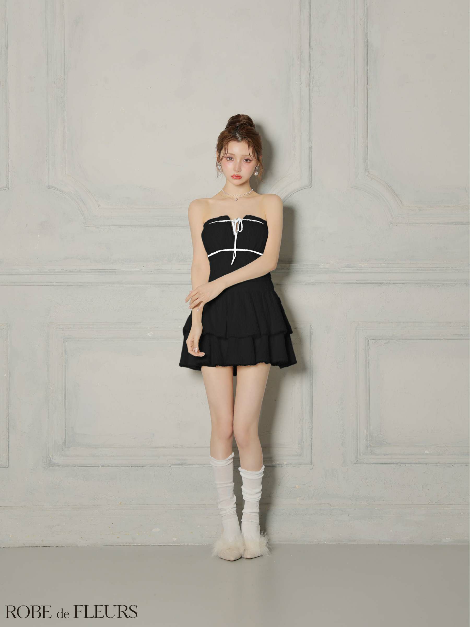 ROBE de FLEURS ローブドフルール 【XSサイズあり】 リボンフリルスカートフレアベアミニキャバドレス fm4600-c