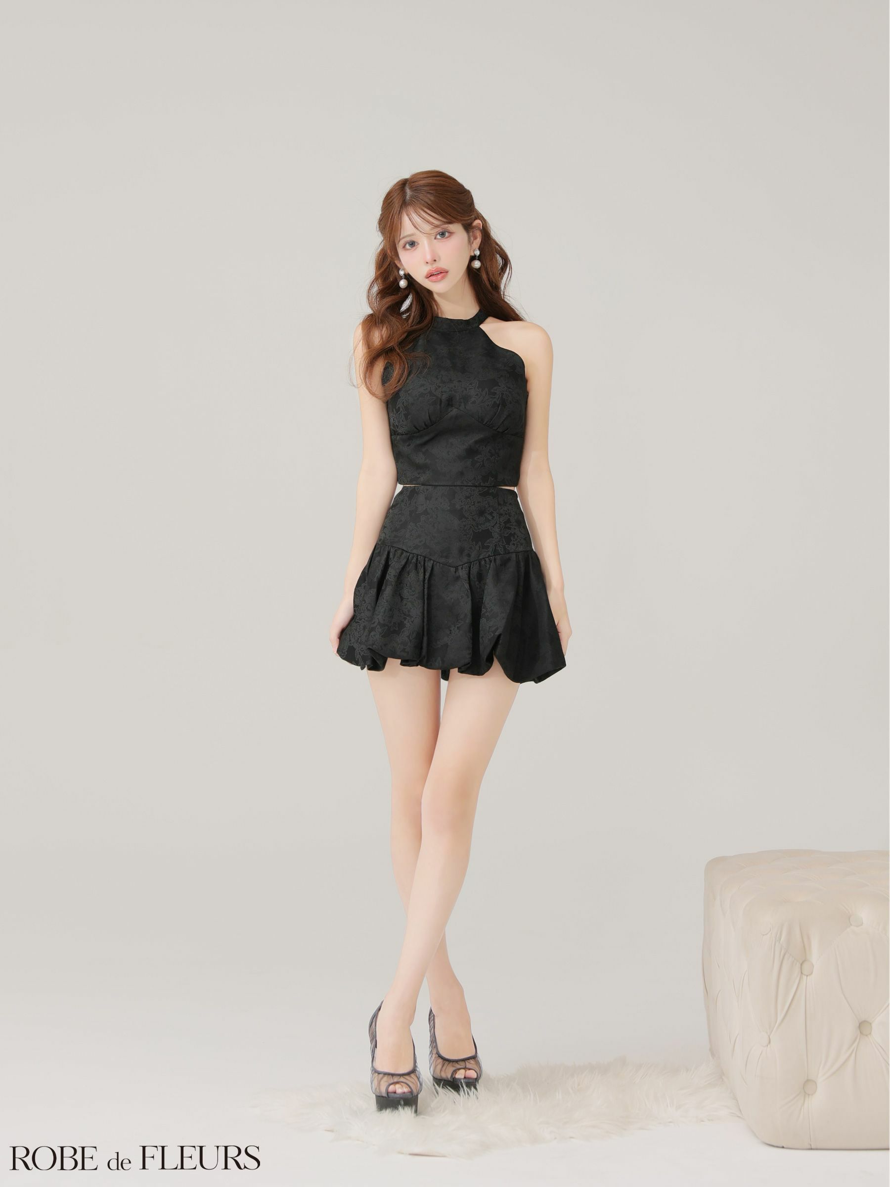 ROBE de FLEURS ローブドフルール 【XSサイズあり】ジャガードホルターネックフレアミニキャバドレス fm4624-c