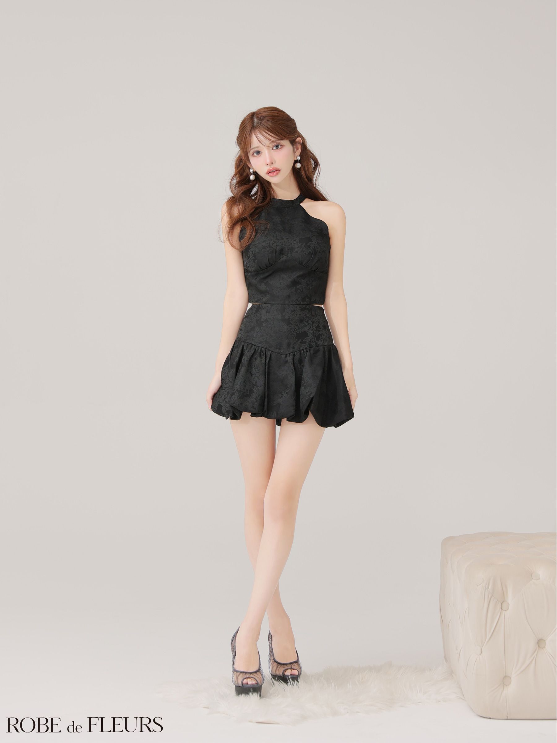 ROBE de FLEURS ローブドフルール 【XSサイズあり】ジャガードホルターネックフレアミニキャバドレス fm4624-c