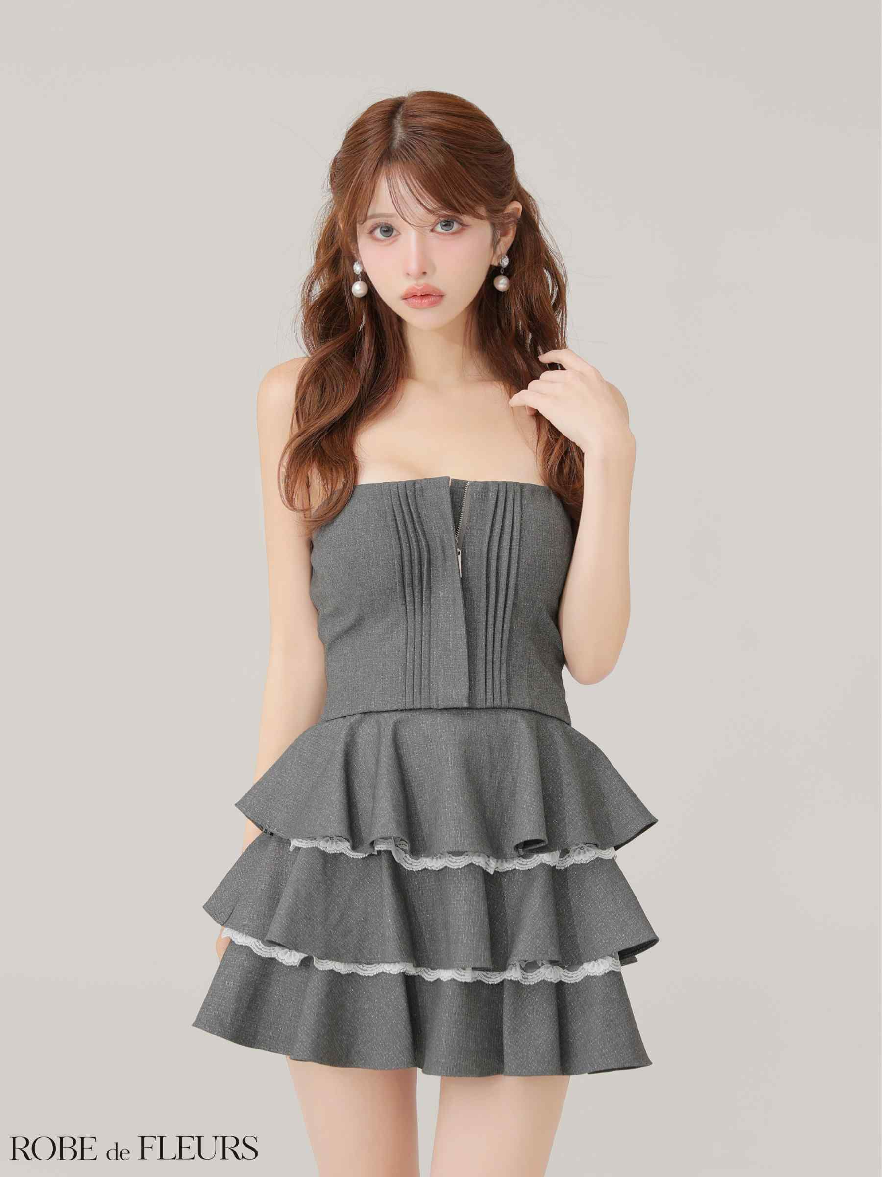  ROBE de FLEURS ローブドフルール 【XSサイズあり】 ラメツイルフリルセットアップフレアミニキャバドレス fm4328-c