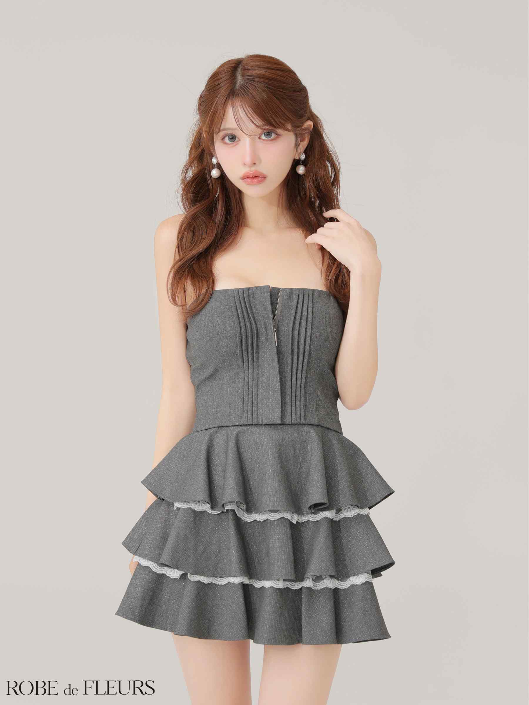  ROBE de FLEURS ローブドフルール 【XSサイズあり】 ラメツイルフリルセットアップフレアミニキャバドレス fm4328-c