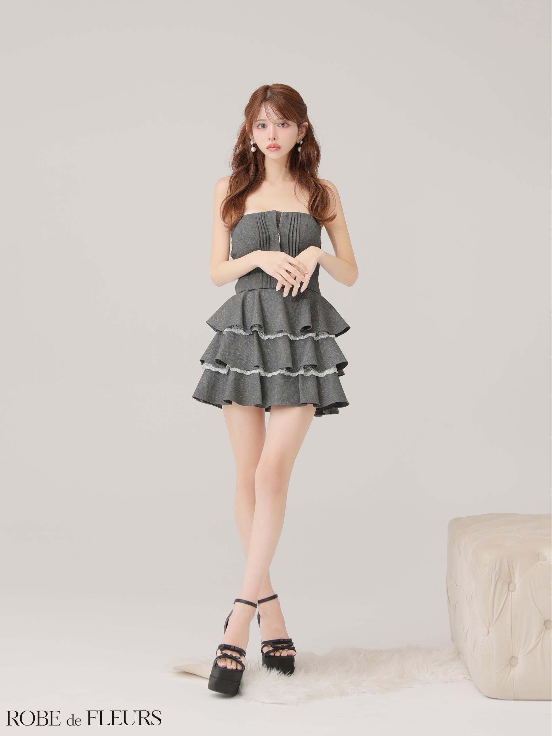  ROBE de FLEURS ローブドフルール 【XSサイズあり】 ラメツイルフリルセットアップフレアミニキャバドレス fm4328-c